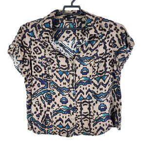 Womans Brown Blue East 5th Blouse Shirt Liene Blend  Button Up Short Sleeve 1X
